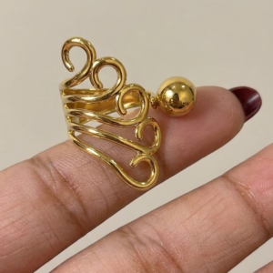 Stainless Steel Adjustable Swirl and Ball Statement Ring