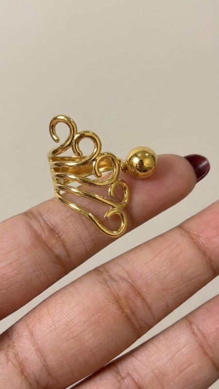 Stainless Steel Adjustable Swirl and Ball Statement Ring