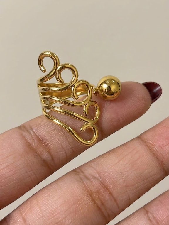 Stainless Steel Adjustable Swirl and Ball Statement Ring