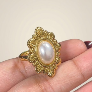 Stainless Steel Adjustable Ornate Oval Pearl Statement Ring