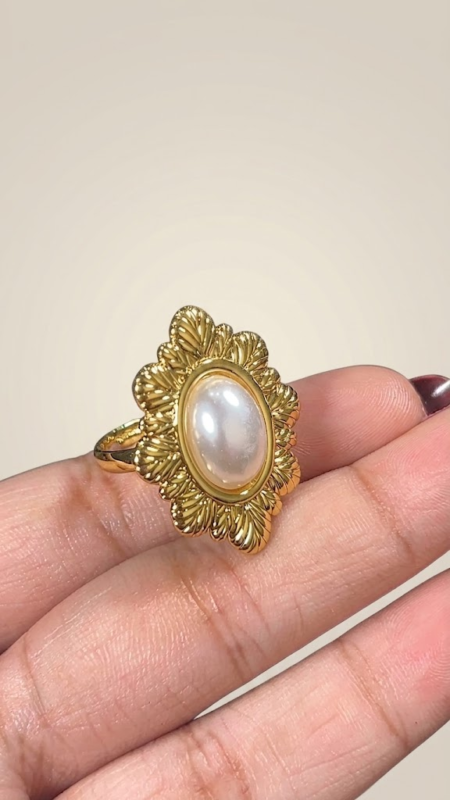 Stainless Steel Adjustable Ornate Oval Pearl Statement Ring