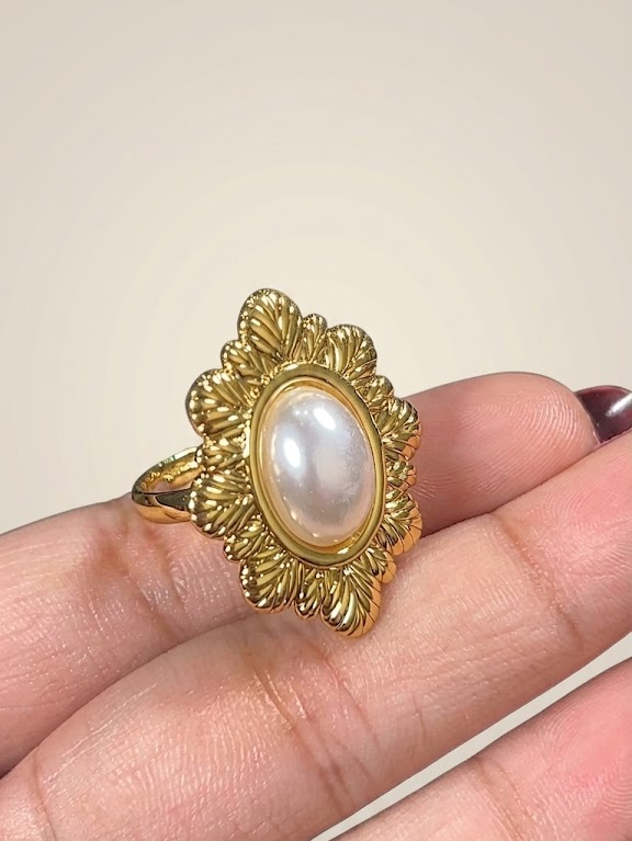 Stainless Steel Adjustable Ornate Oval Pearl Statement Ring