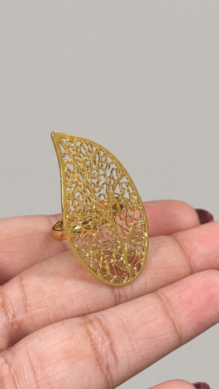 Stainless Steel Adjustable Filigree Leaf Statement Ring