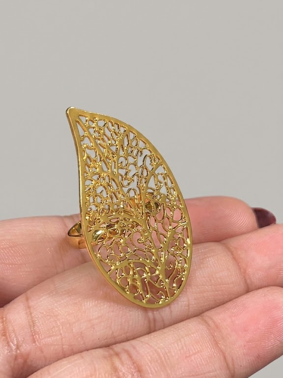 Stainless Steel Adjustable Filigree Leaf Statement Ring