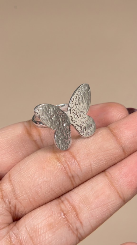 Silver-Finish Stainless Steel Adjustable Hammered Texture Butterfly Statement Ring