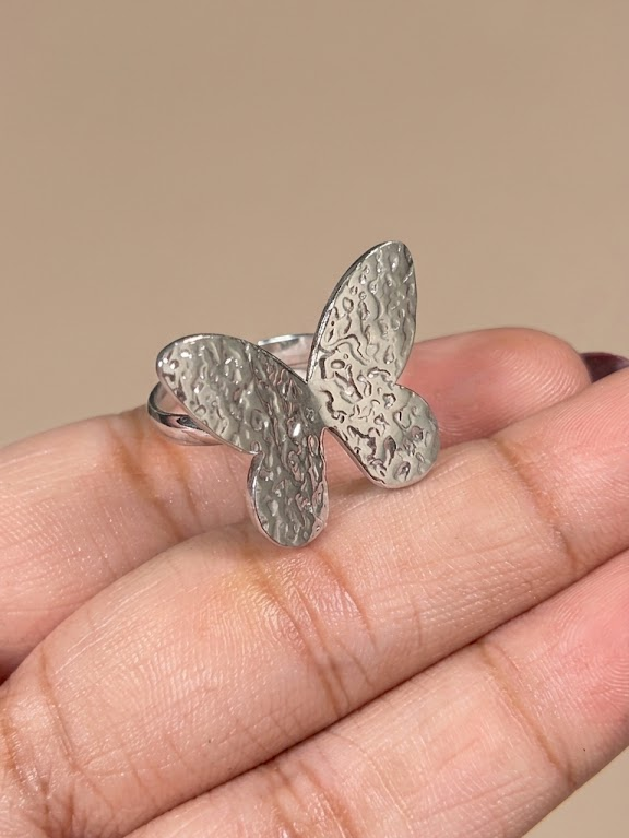 Silver-Finish Stainless Steel Adjustable Hammered Texture Butterfly Statement Ring