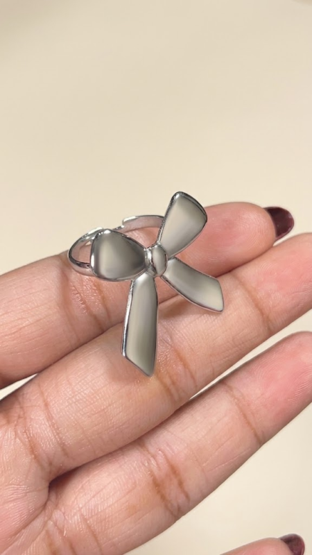 Silver-Finish Stainless Steel Adjustable Bow Statement Ring