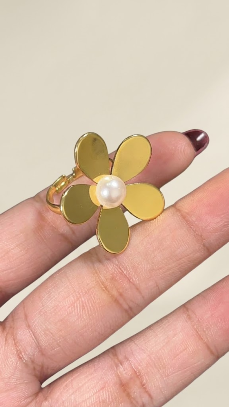 Stainless Steel Adjustable Five-Petal Floral Pearl Statement Ring