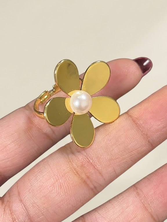 Stainless Steel Adjustable Five-Petal Floral Pearl Statement Ring