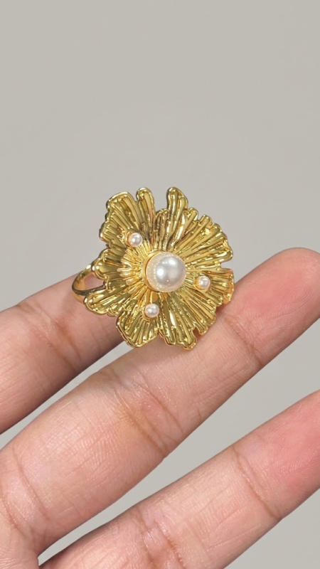 Stainless Steel Adjustable Multi-Pearl Sunburst Floral Statement Ring