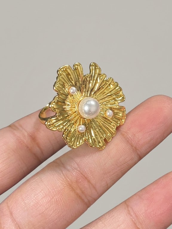 Stainless Steel Adjustable Multi-Pearl Sunburst Floral Statement Ring