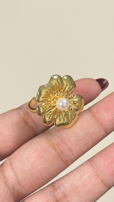Stainless Steel Adjustable Floral Pearl Statement Ring