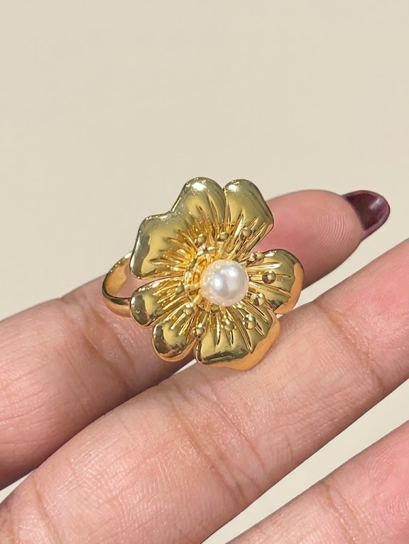 Stainless Steel Adjustable Floral Pearl Statement Ring