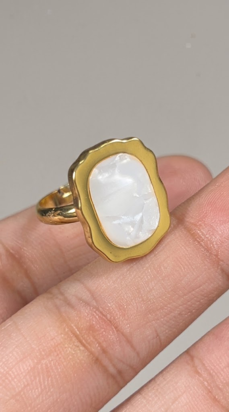 Stainless Steel Adjustable Mother-of-Pearl Scalloped Statement Ring