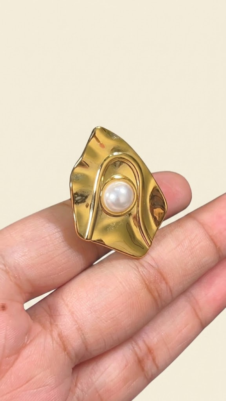 Stainless Steel Adjustable Abstract Irregular Pearl Statement Ring