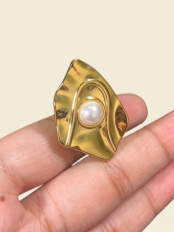 Stainless Steel Adjustable Abstract Irregular Pearl Statement Ring