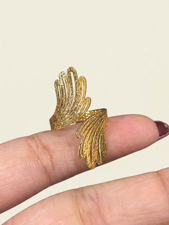 Stainless Steel Adjustable Feather Wing Statement Ring