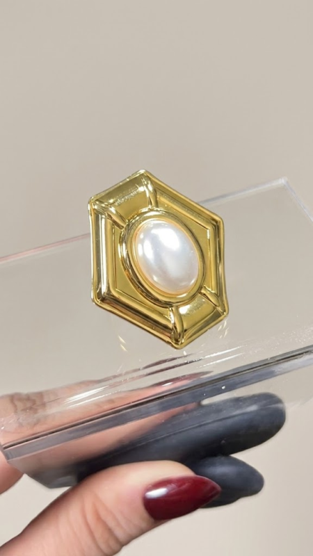 Stainless Steel Adjustable Geometric Pearl Statement Ring