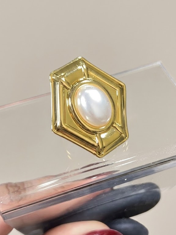 Stainless Steel Adjustable Geometric Pearl Statement Ring
