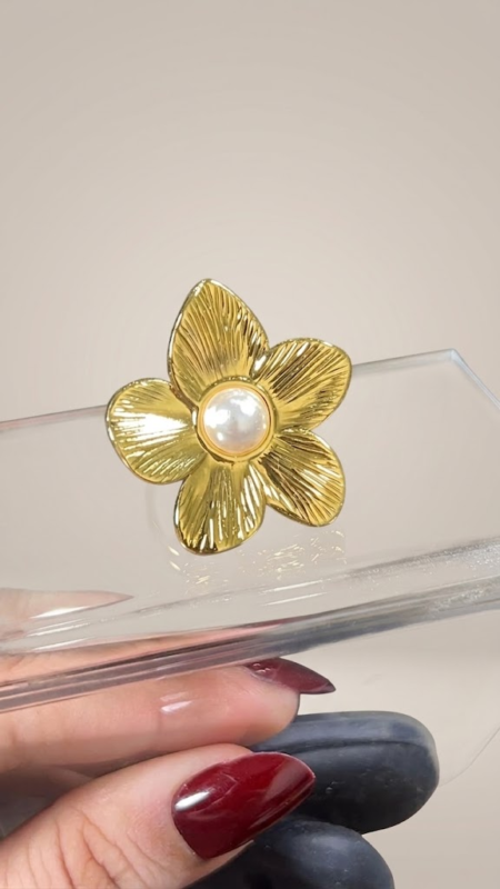 Stainless Steel Pearl Flower Statement Ring