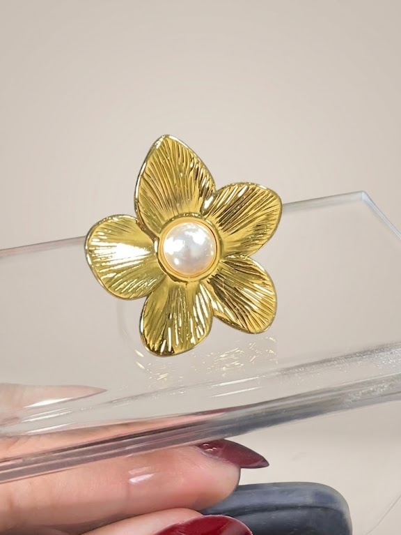 Stainless Steel Pearl Flower Statement Ring